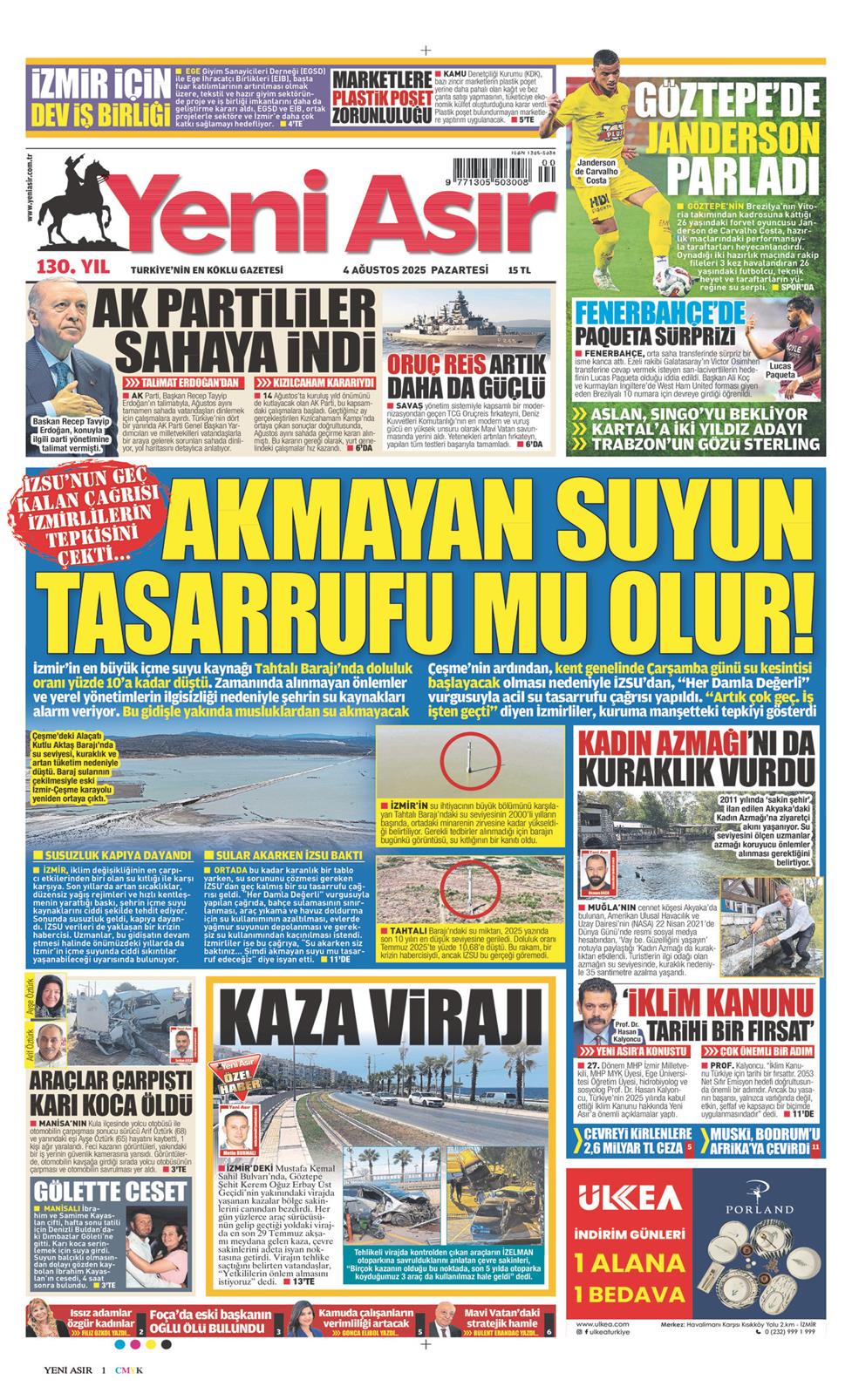 04 Ağustos 2025 Pazartesi - Yeni Asır gazetesi manşet