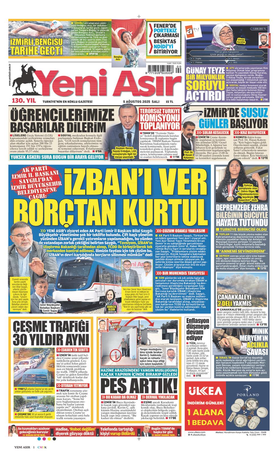 05 Ağustos 2025 Salı - Yeni Asır gazetesi manşet