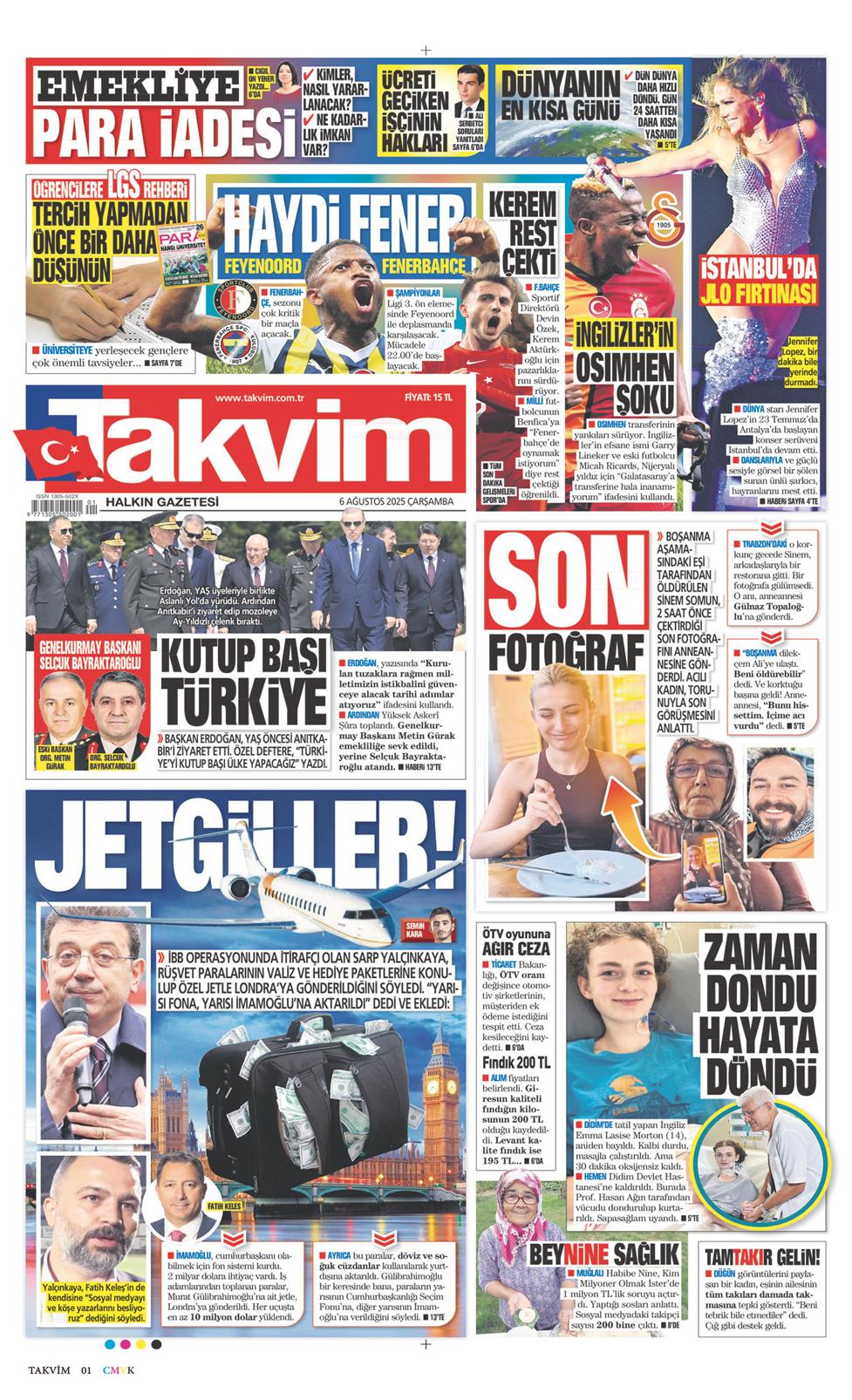 06 Ağustos 2025 Çarşamba - Takvim gazetesi manşet