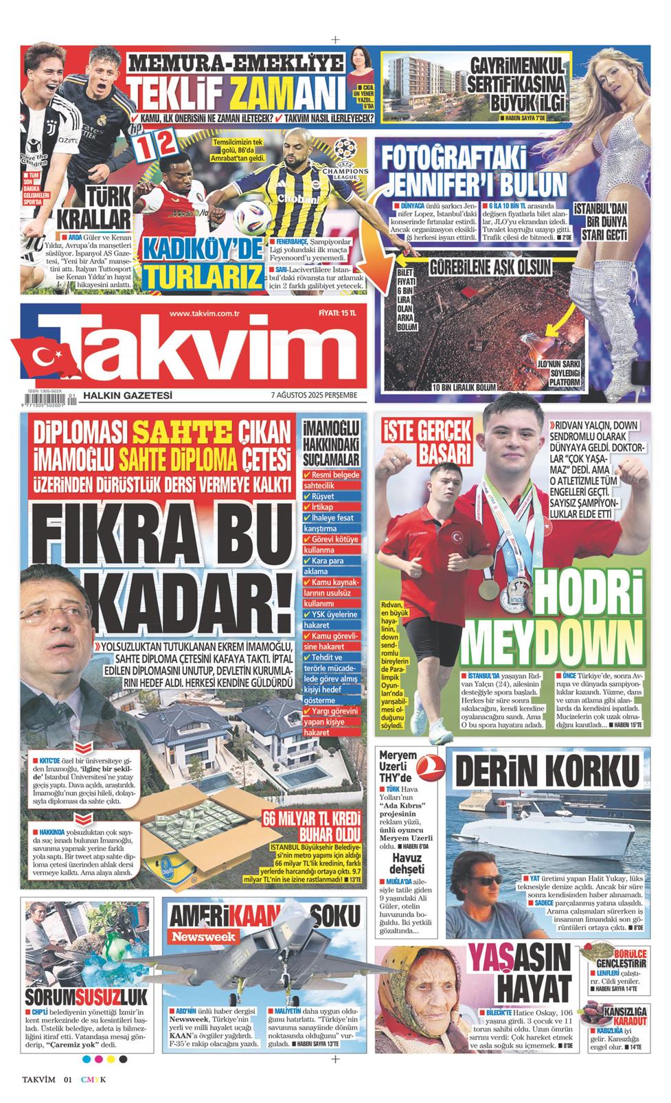 07 Ağustos 2025 Perşembe - Takvim gazetesi manşet