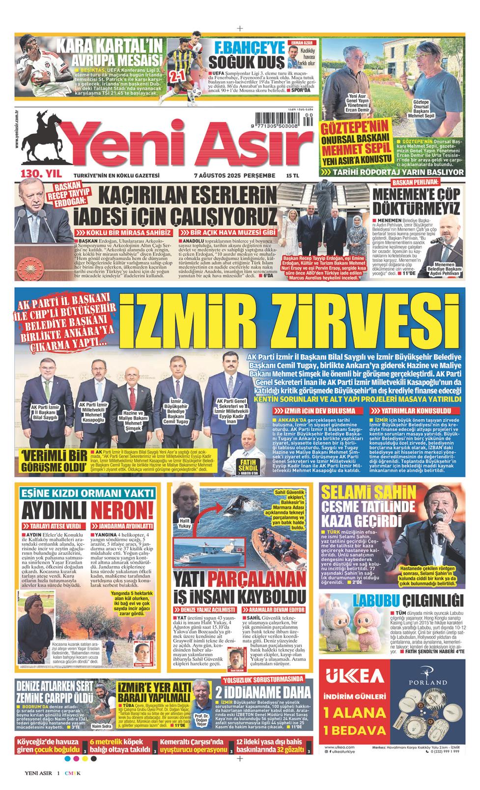07 Ağustos 2025 Perşembe - Yeni Asır gazetesi manşet