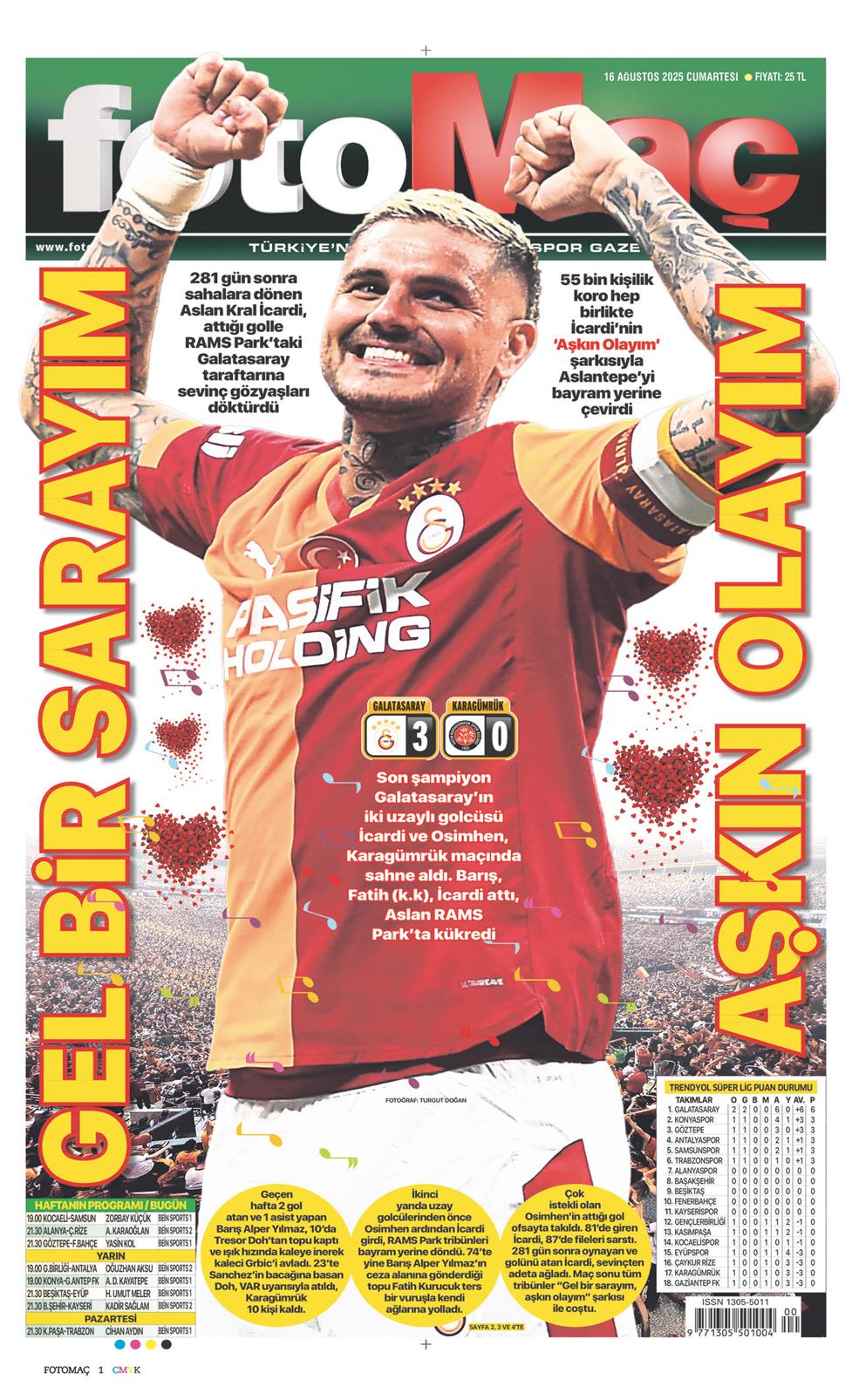 16 Ağustos 2025 Cumartesi - Fotomaç gazetesi manşet
