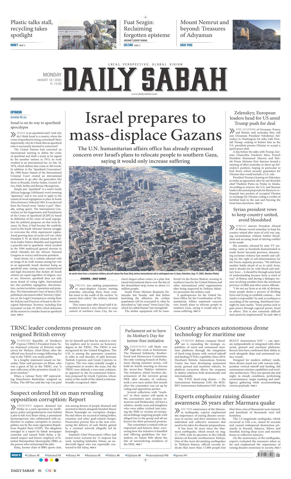 18 Ağustos 2025 Pazartesi - Daily Sabah gazetesi manşet