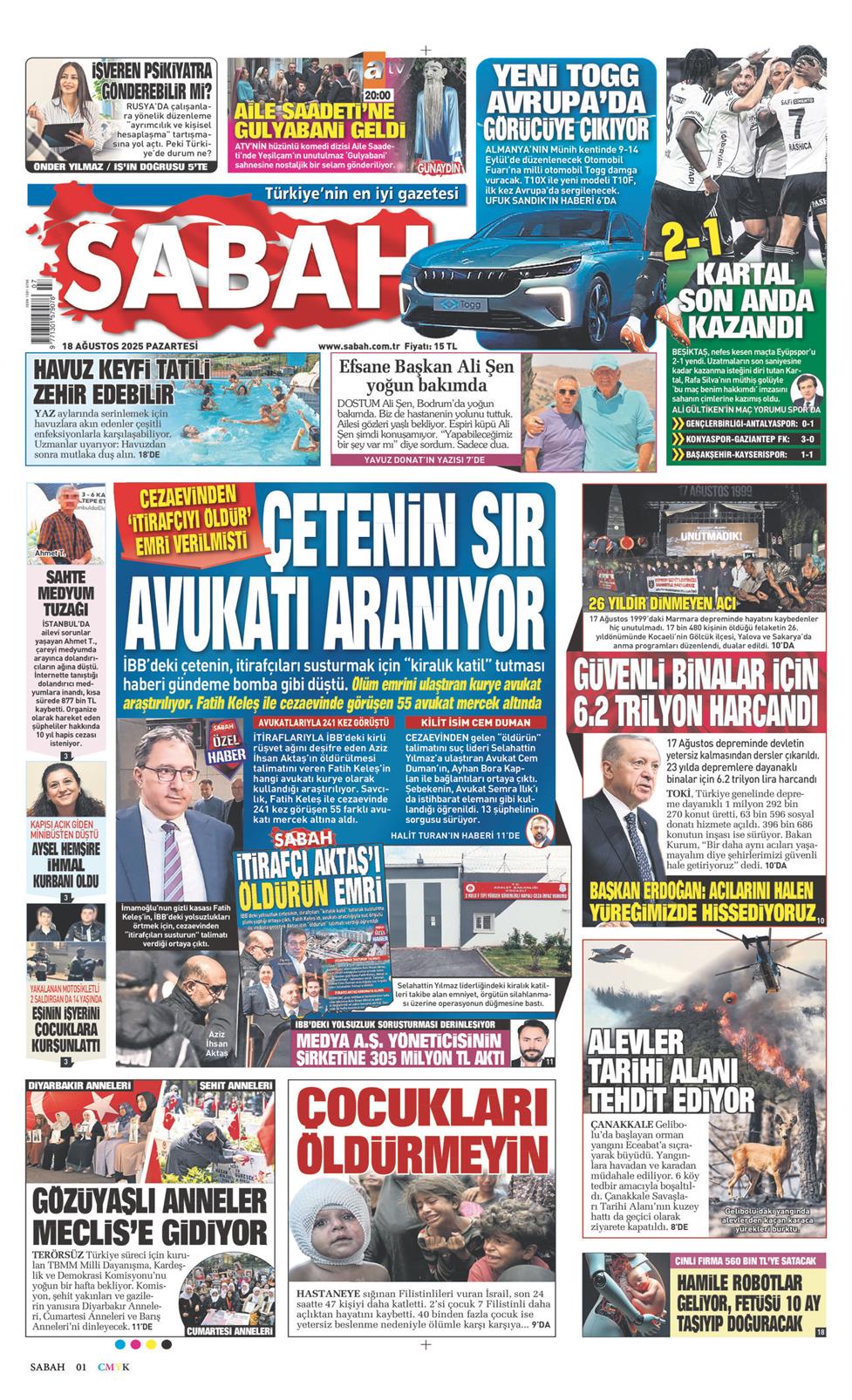 18 Ağustos 2025 Pazartesi - Sabah gazetesi manşet