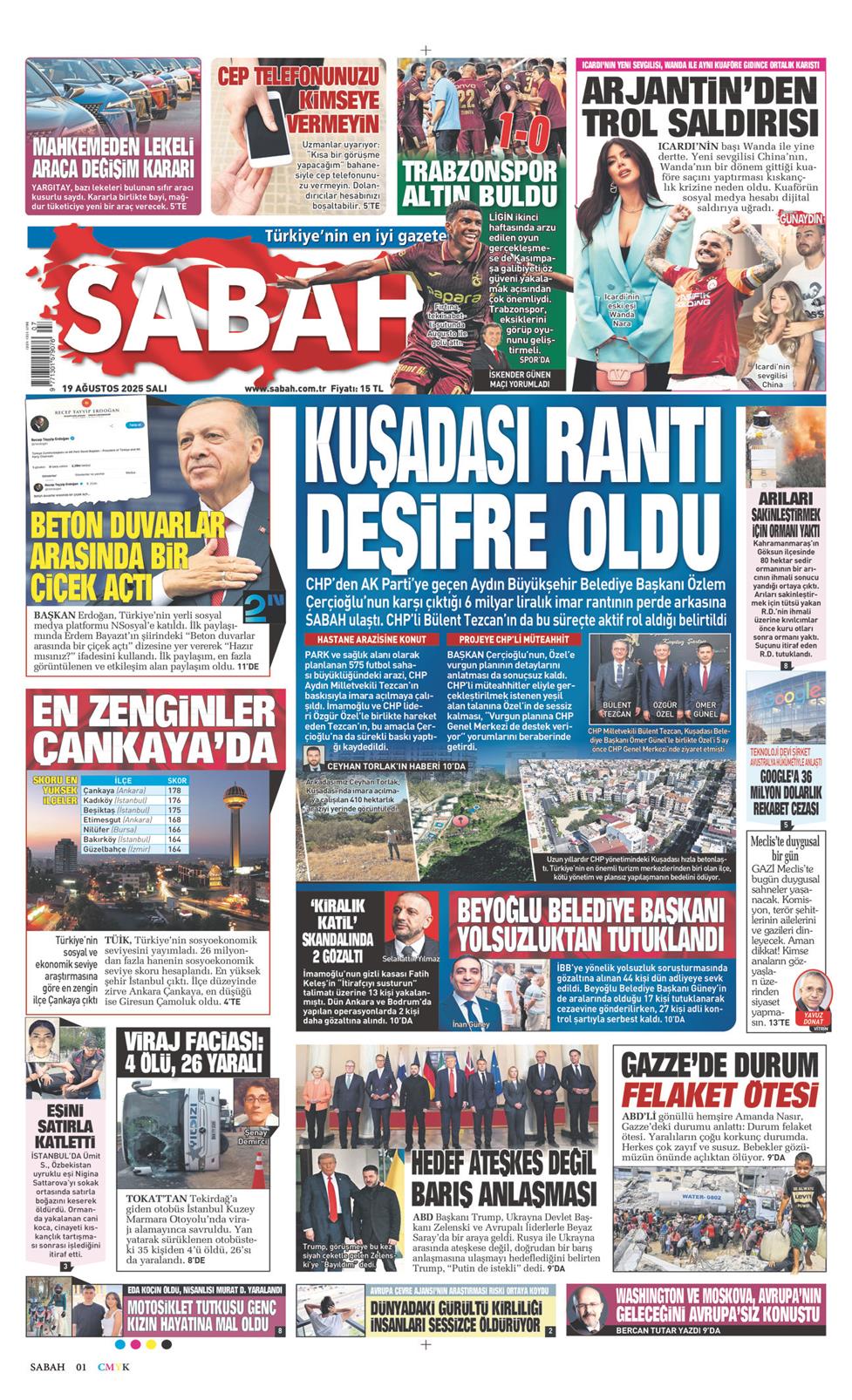 19 Ağustos 2025 Salı - Sabah gazetesi manşet