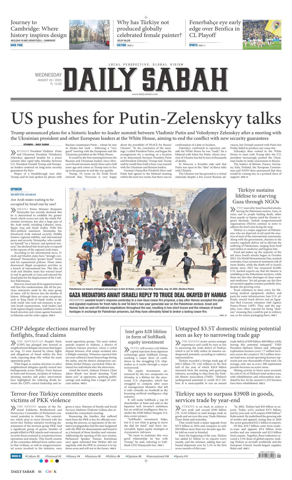 20 Ağustos 2025 Çarşamba - Daily Sabah gazetesi manşet
