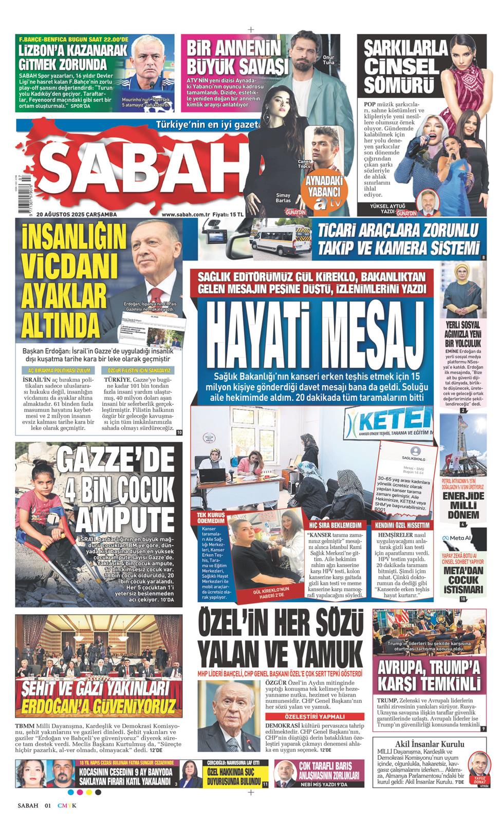 20 Ağustos 2025 Çarşamba - Sabah gazetesi manşet