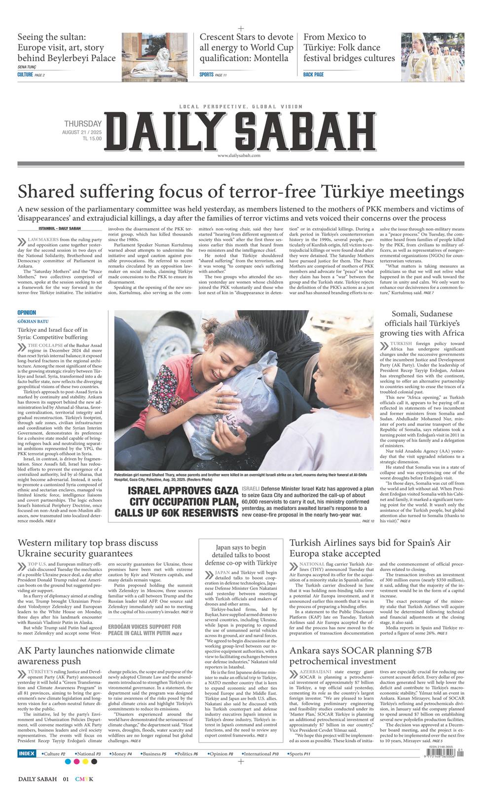21 Ağustos 2025 Perşembe - Daily Sabah gazetesi manşet