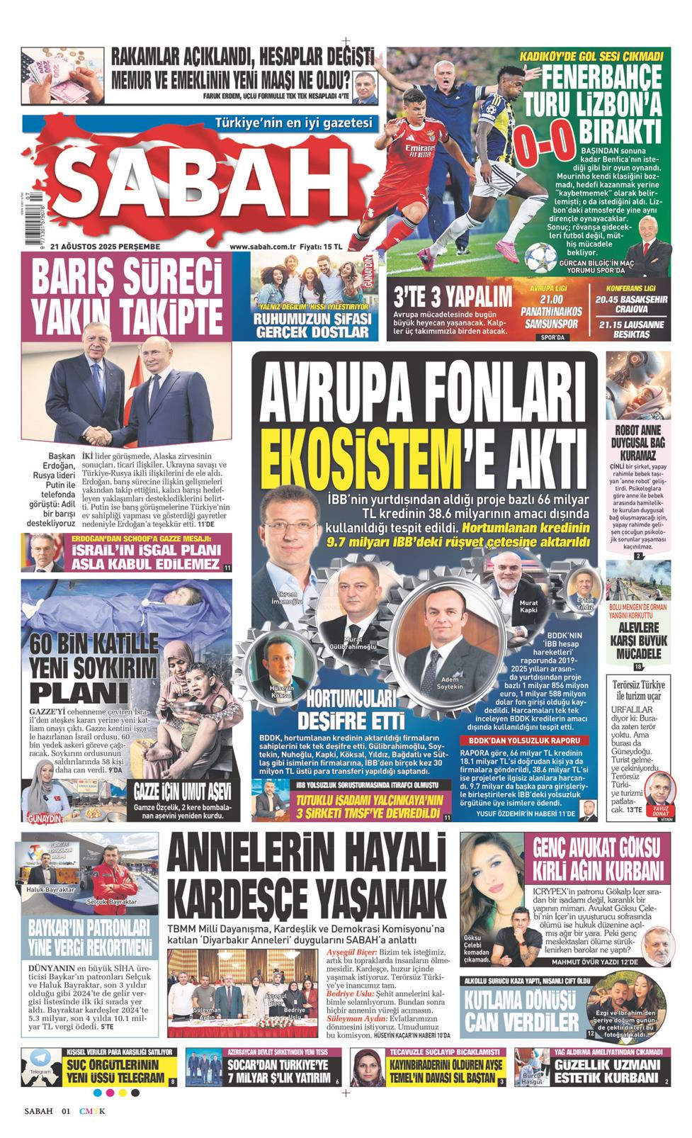 21 Ağustos 2025 Perşembe - Sabah gazetesi manşet