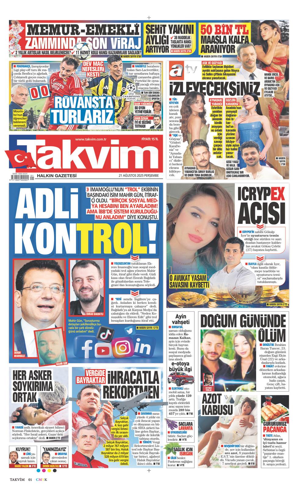 21 Ağustos 2025 Perşembe - Takvim gazetesi manşet