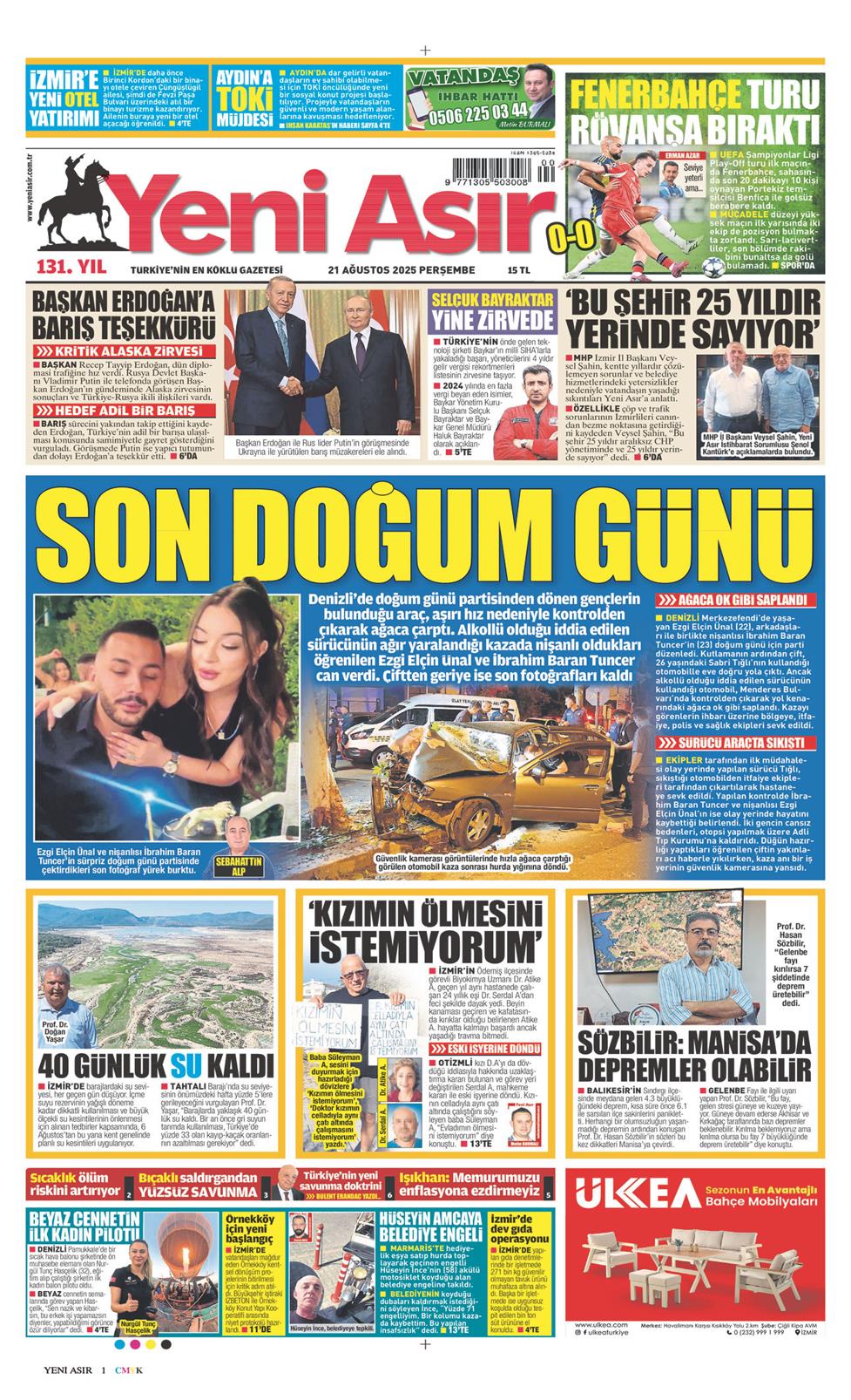21 Ağustos 2025 Perşembe - Yeni Asır gazetesi manşet