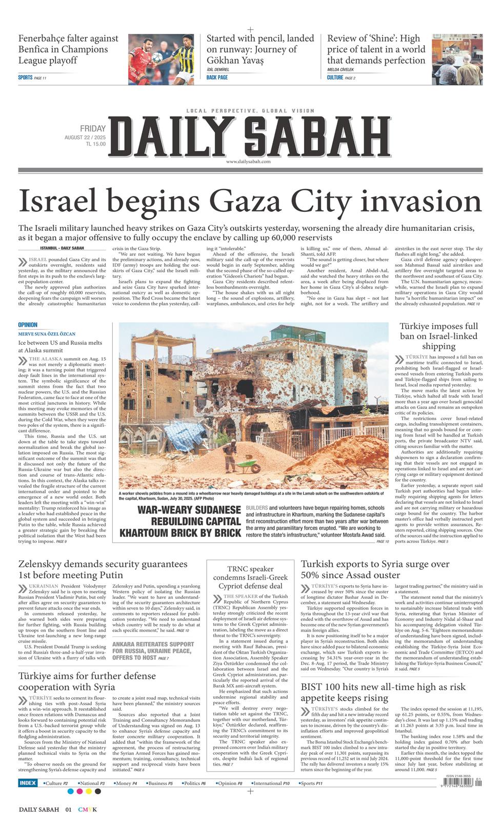 22 Ağustos 2025 Cuma - Daily Sabah gazetesi manşet