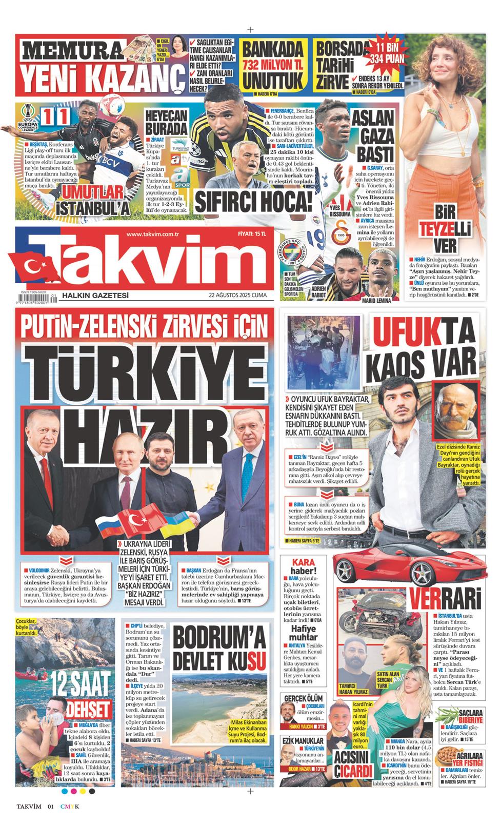 22 Ağustos 2025 Cuma - Takvim gazetesi manşet