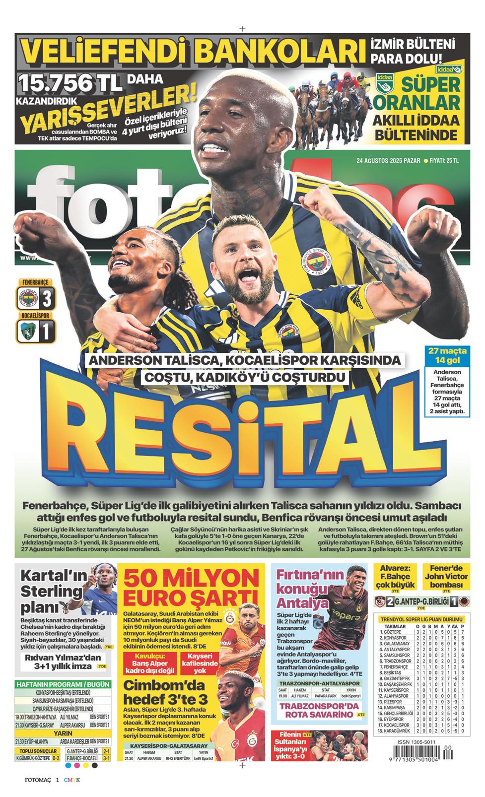 24 Ağustos 2025 Pazar - Fotomaç gazetesi manşet