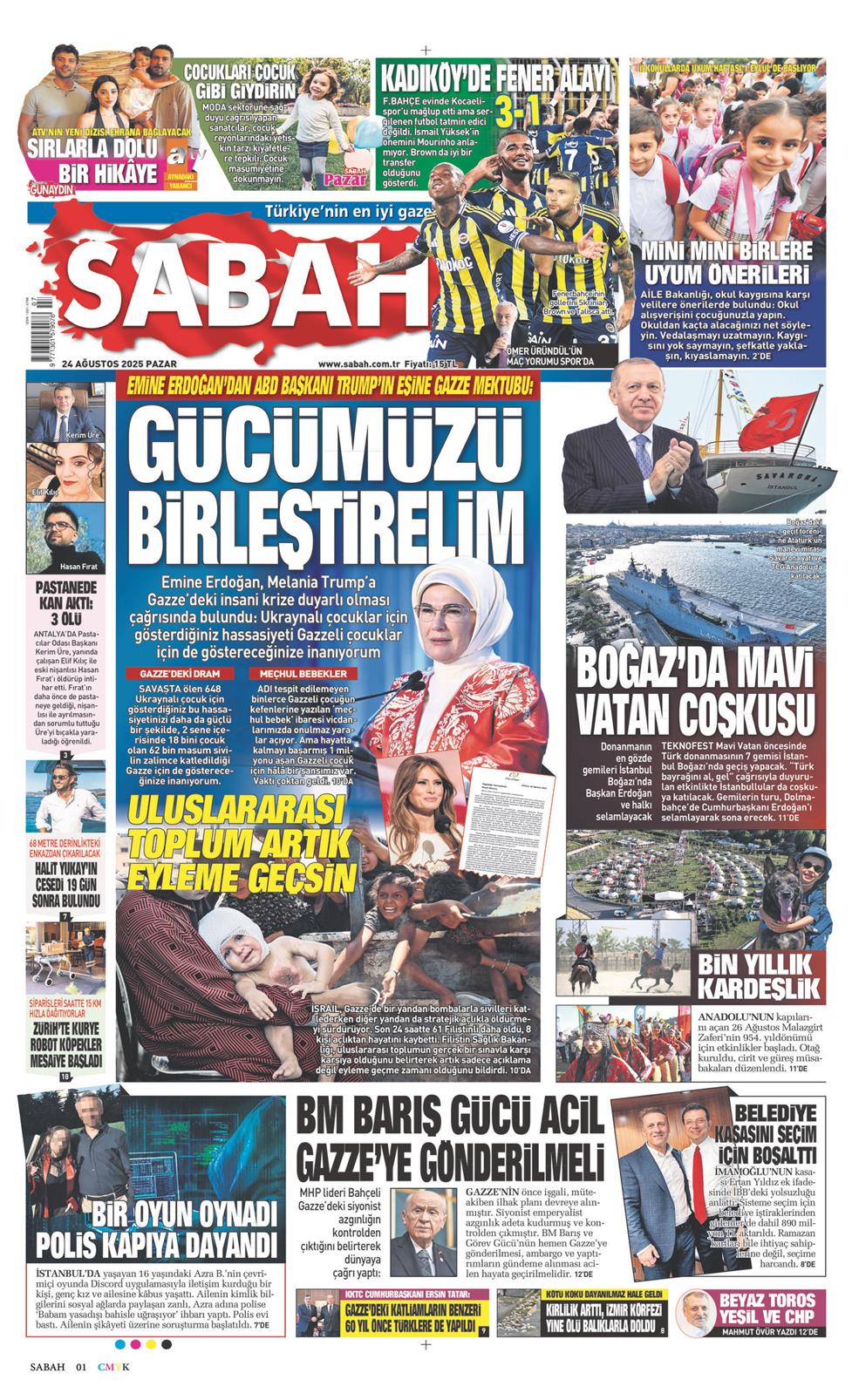 24 Ağustos 2025 Pazar - Sabah gazetesi manşet