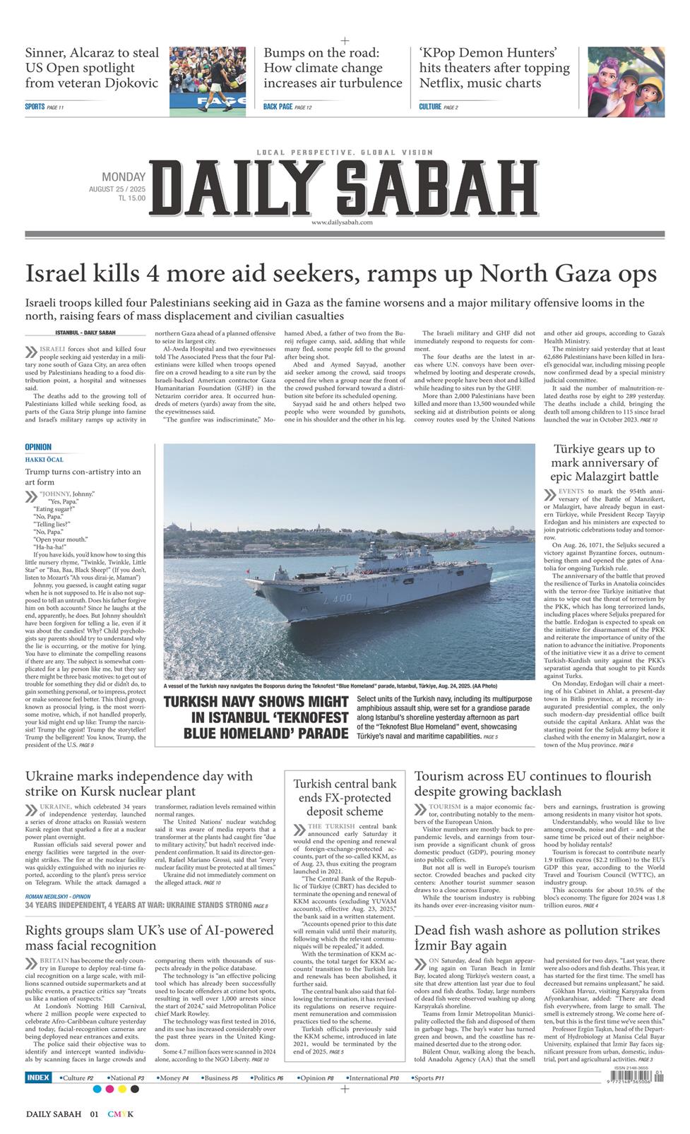 25 Ağustos 2025 Pazartesi - Daily Sabah gazetesi manşet