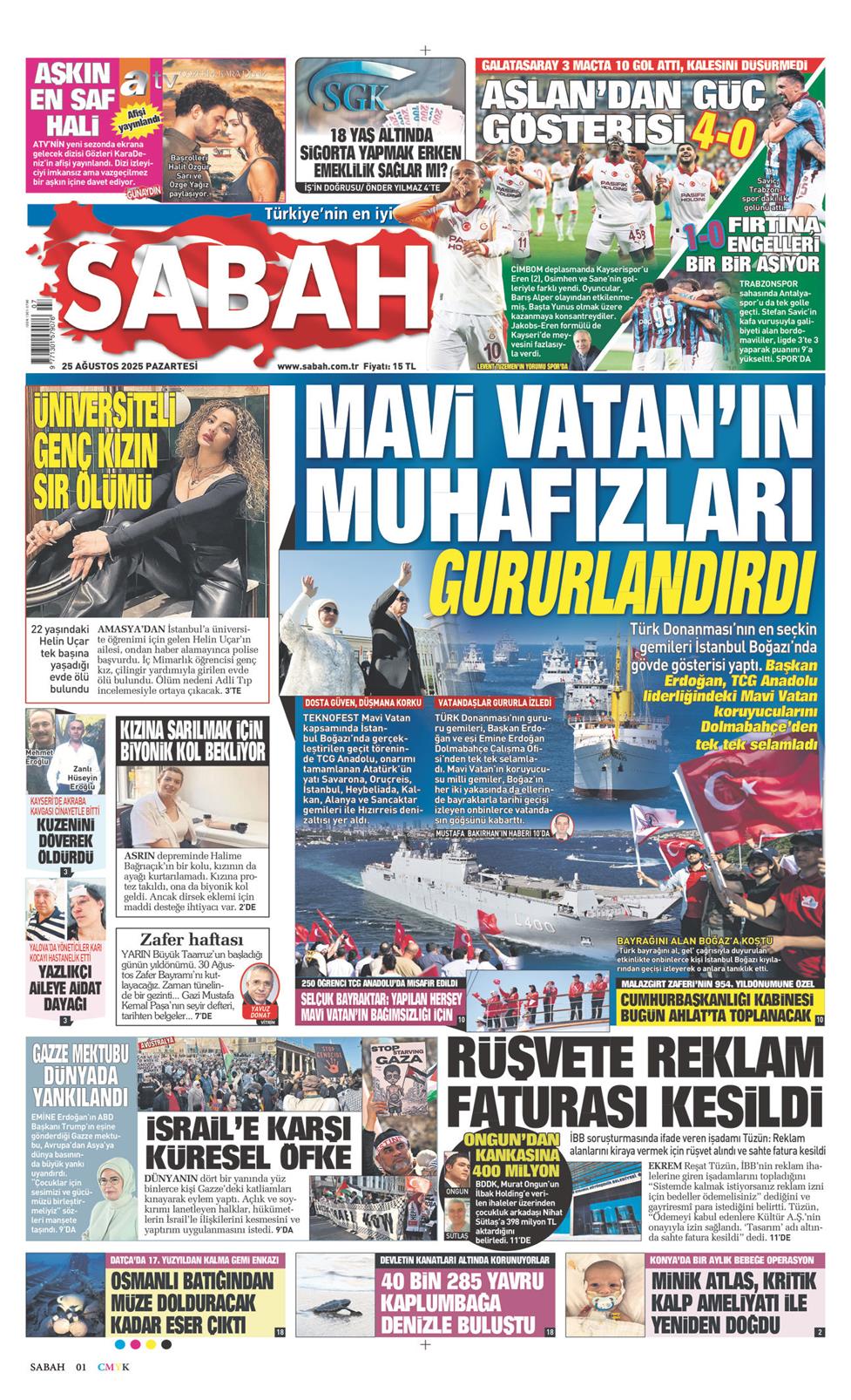 25 Ağustos 2025 Pazartesi - Sabah gazetesi manşet