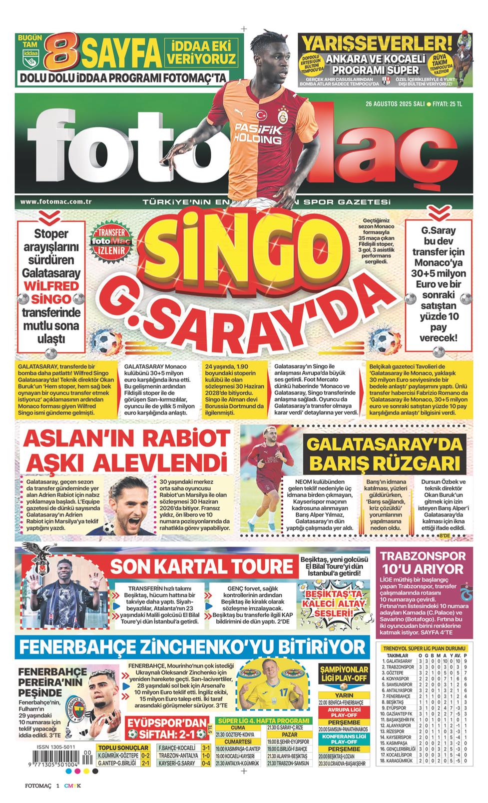26 Ağustos 2025 Salı - Fotomaç gazetesi manşet