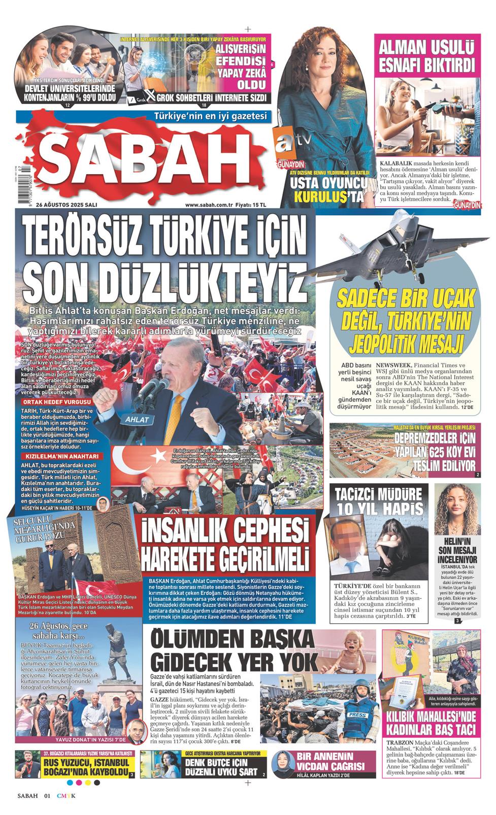 26 Ağustos 2025 Salı - Sabah gazetesi manşet