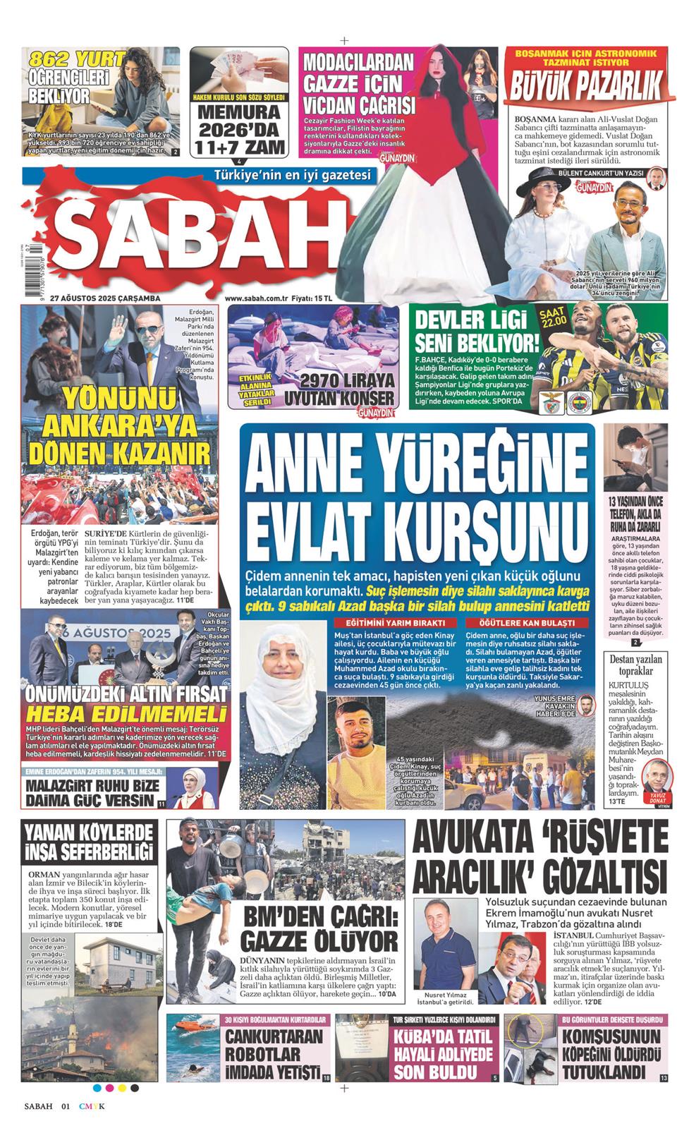 27 Ağustos 2025 Çarşamba - Sabah gazetesi manşet