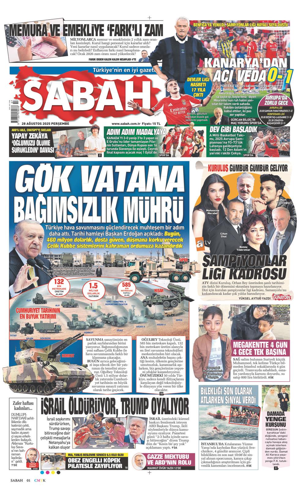 28 Ağustos 2025 Perşembe - Sabah gazetesi manşet