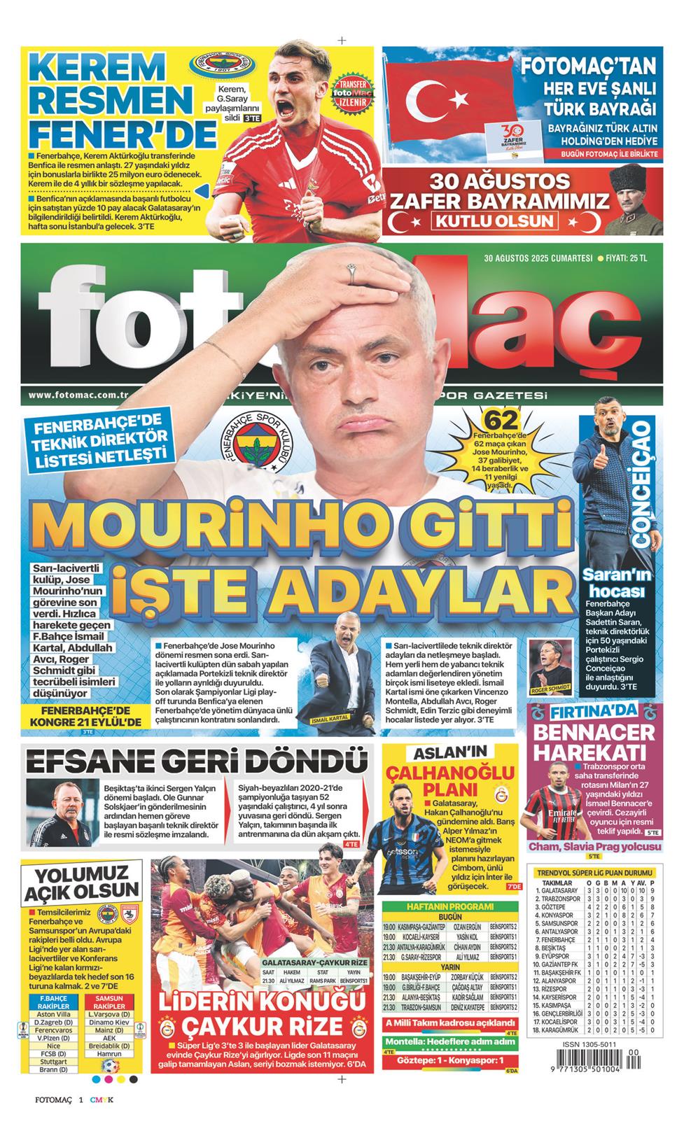 30 Ağustos 2025 Cumartesi - Fotomaç gazetesi manşet