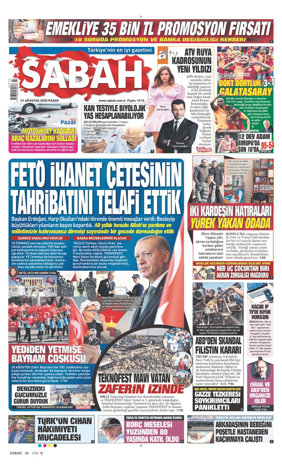 31 Ağustos 2025 Pazar - Sabah gazetesi manşet