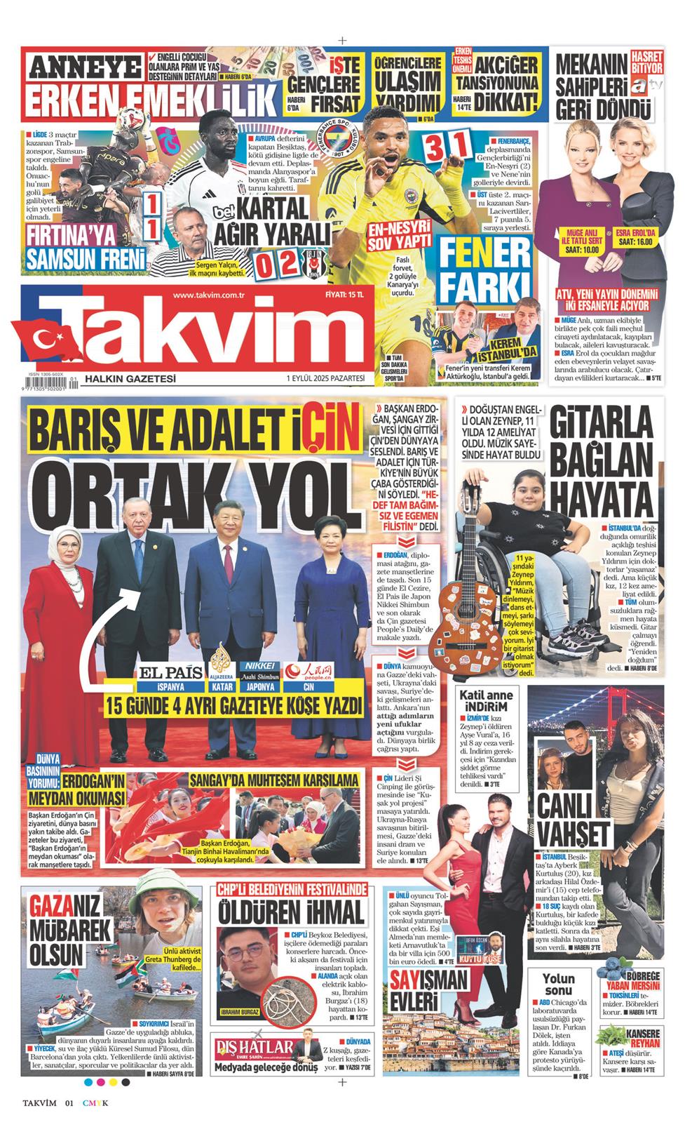 01 Eylül 2025 Pazartesi - Takvim gazetesi manşet