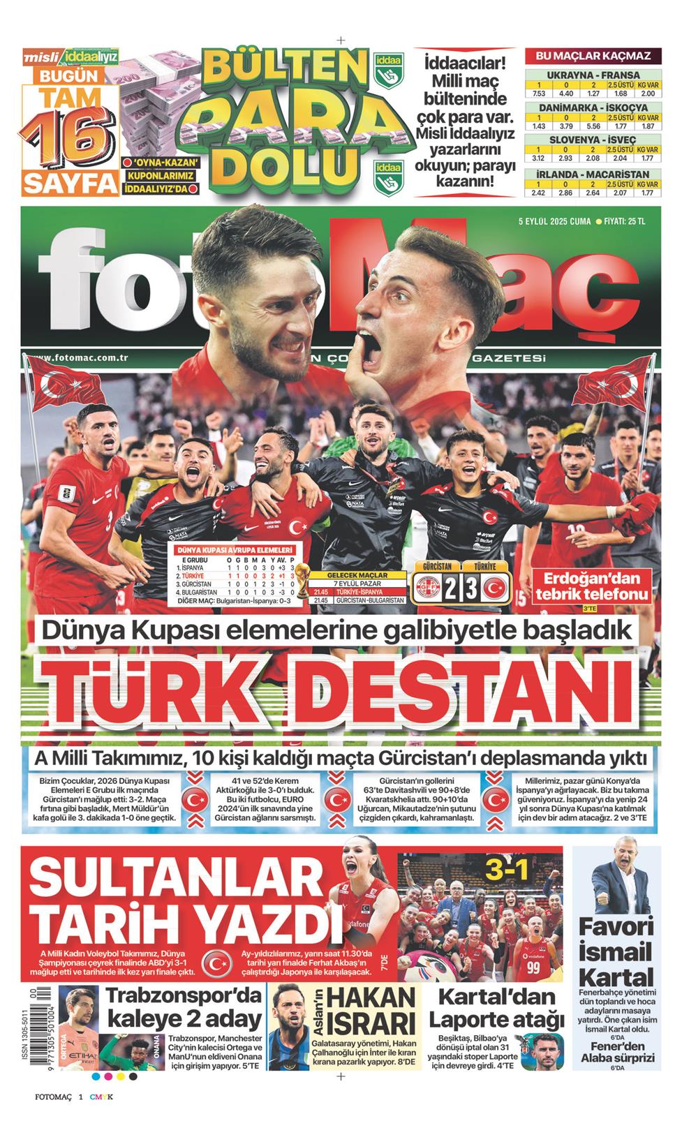05 Eylül 2025 Cuma - Fotomaç gazetesi manşet