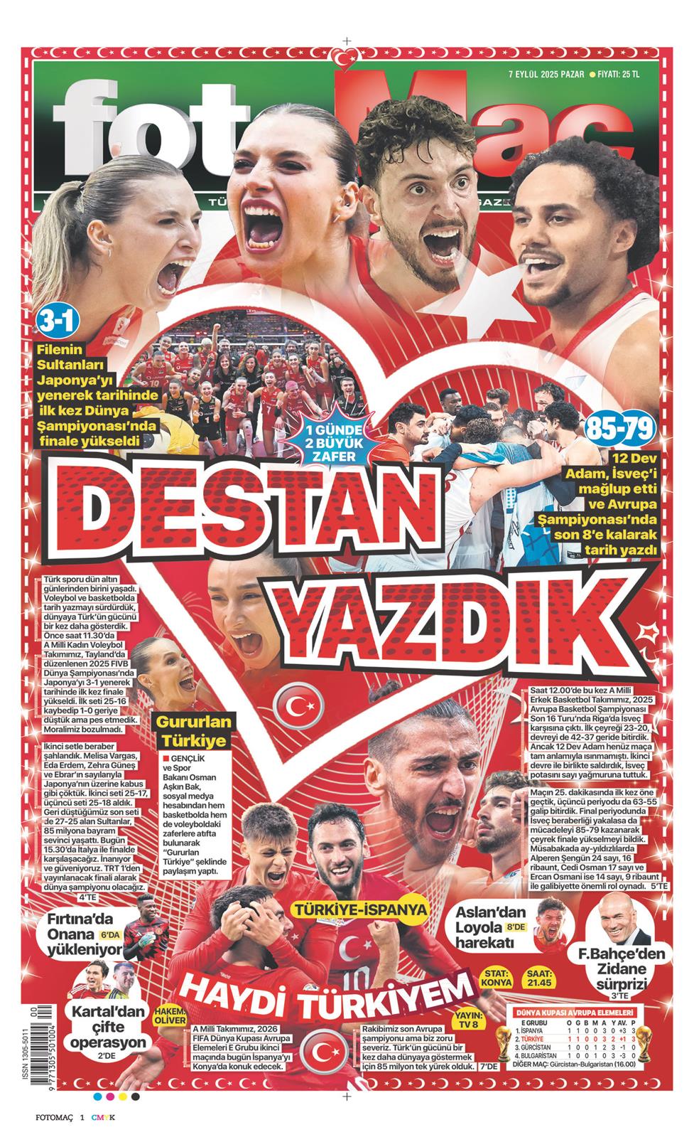 07 Eylül 2025 Pazar - Fotomaç gazetesi manşet