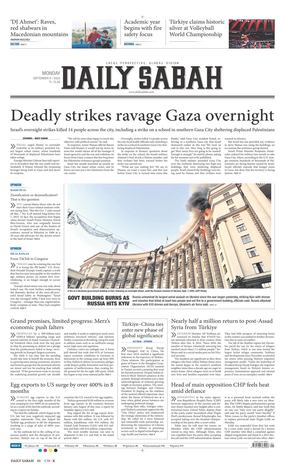 08 Eylül 2025 Pazartesi - Daily Sabah gazetesi manşet