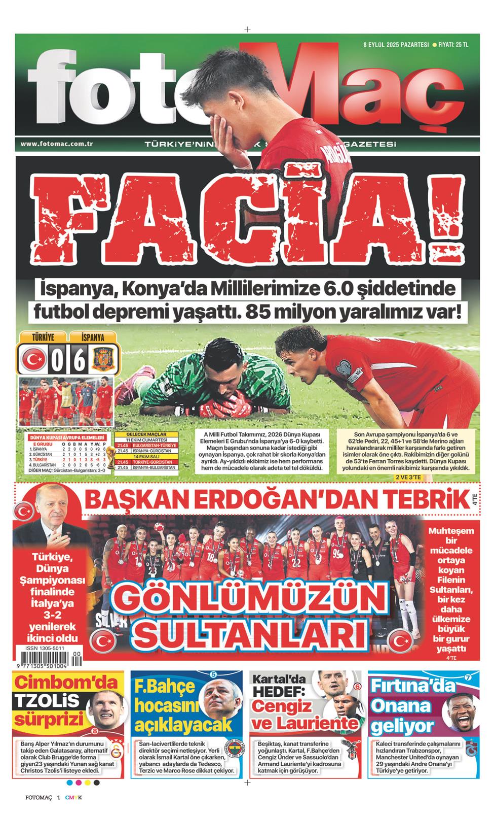 08 Eylül 2025 Pazartesi - Fotomaç gazetesi manşet