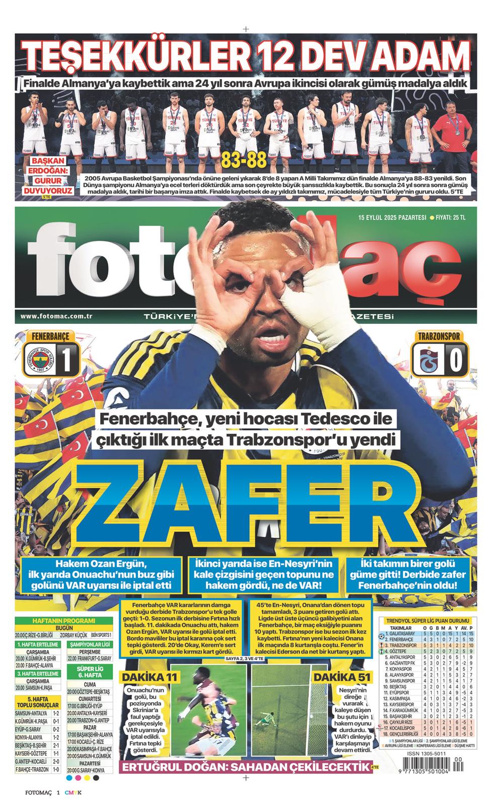 15 Eylül 2025 Pazartesi - Fotomaç gazetesi manşet