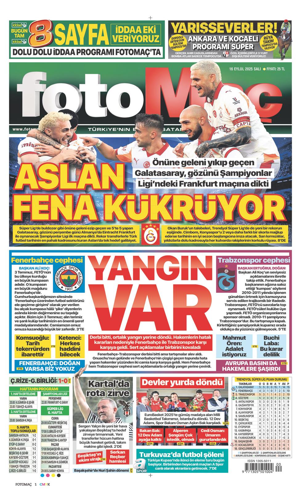 16 Eylül 2025 Salı - Fotomaç gazetesi manşet
