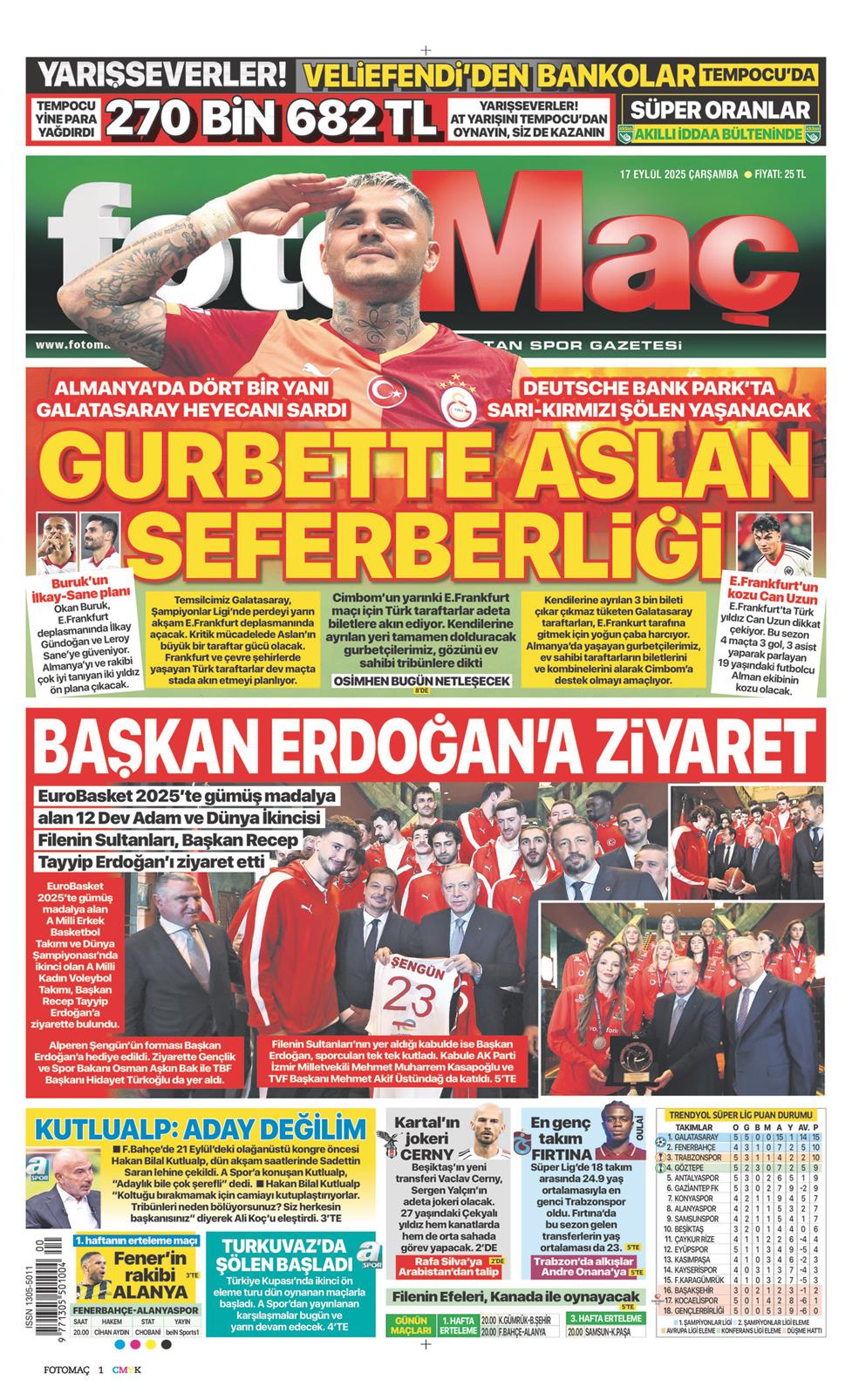 17 Eylül 2025 Çarşamba - Fotomaç gazetesi manşet