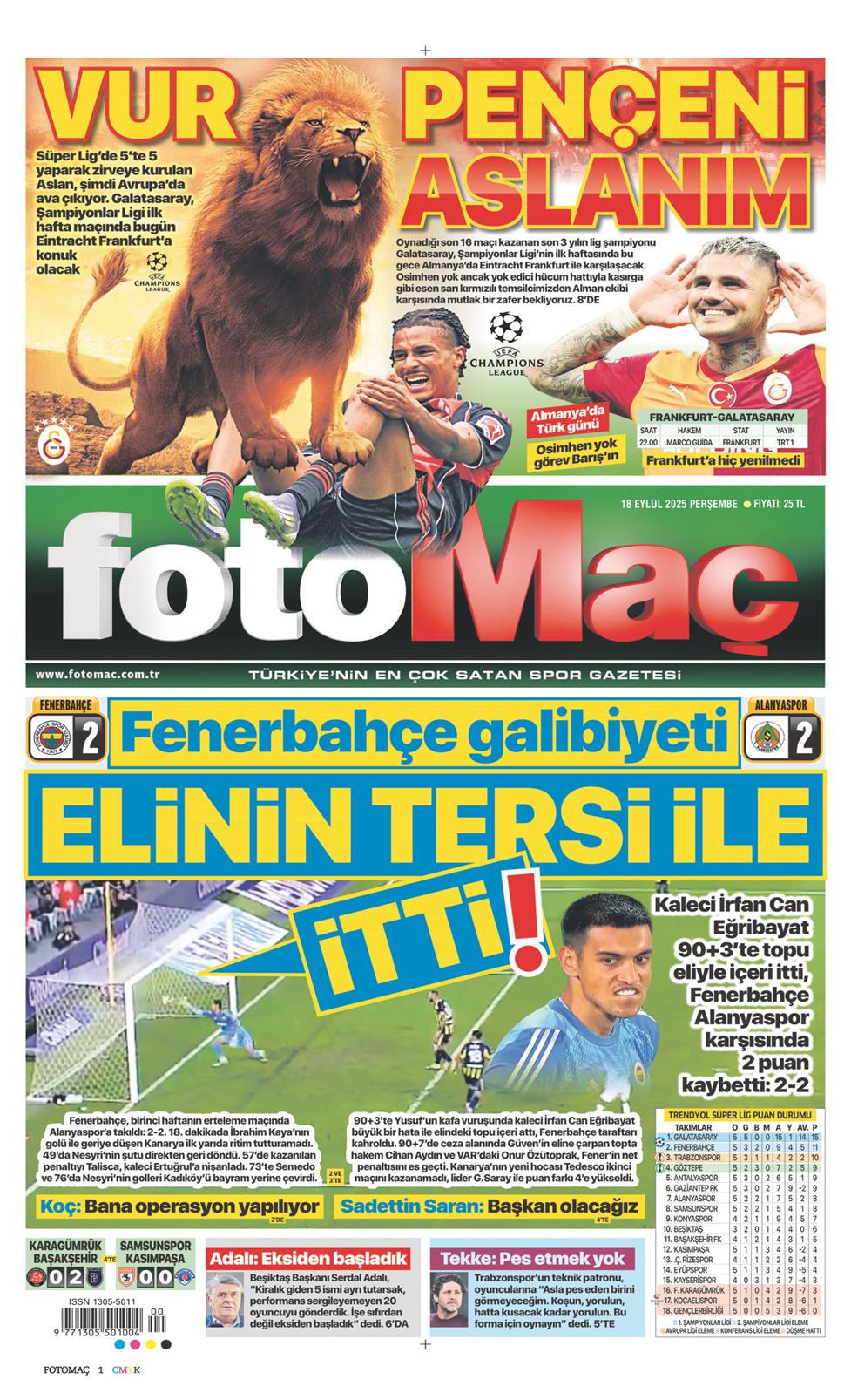 18 Eylül 2025 Perşembe - Fotomaç gazetesi manşet