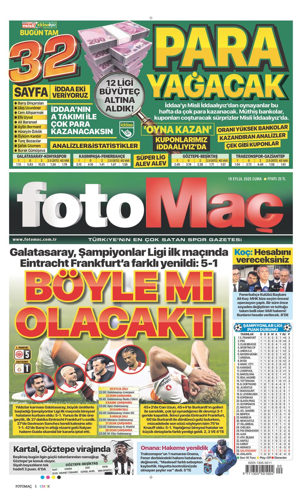 19 Eylül 2025 Cuma - Fotomaç gazetesi manşet