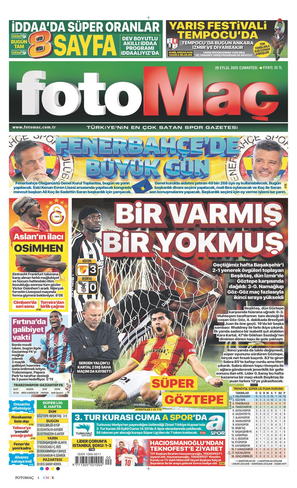 20 Eylül 2025 Cumartesi - Fotomaç gazetesi manşet