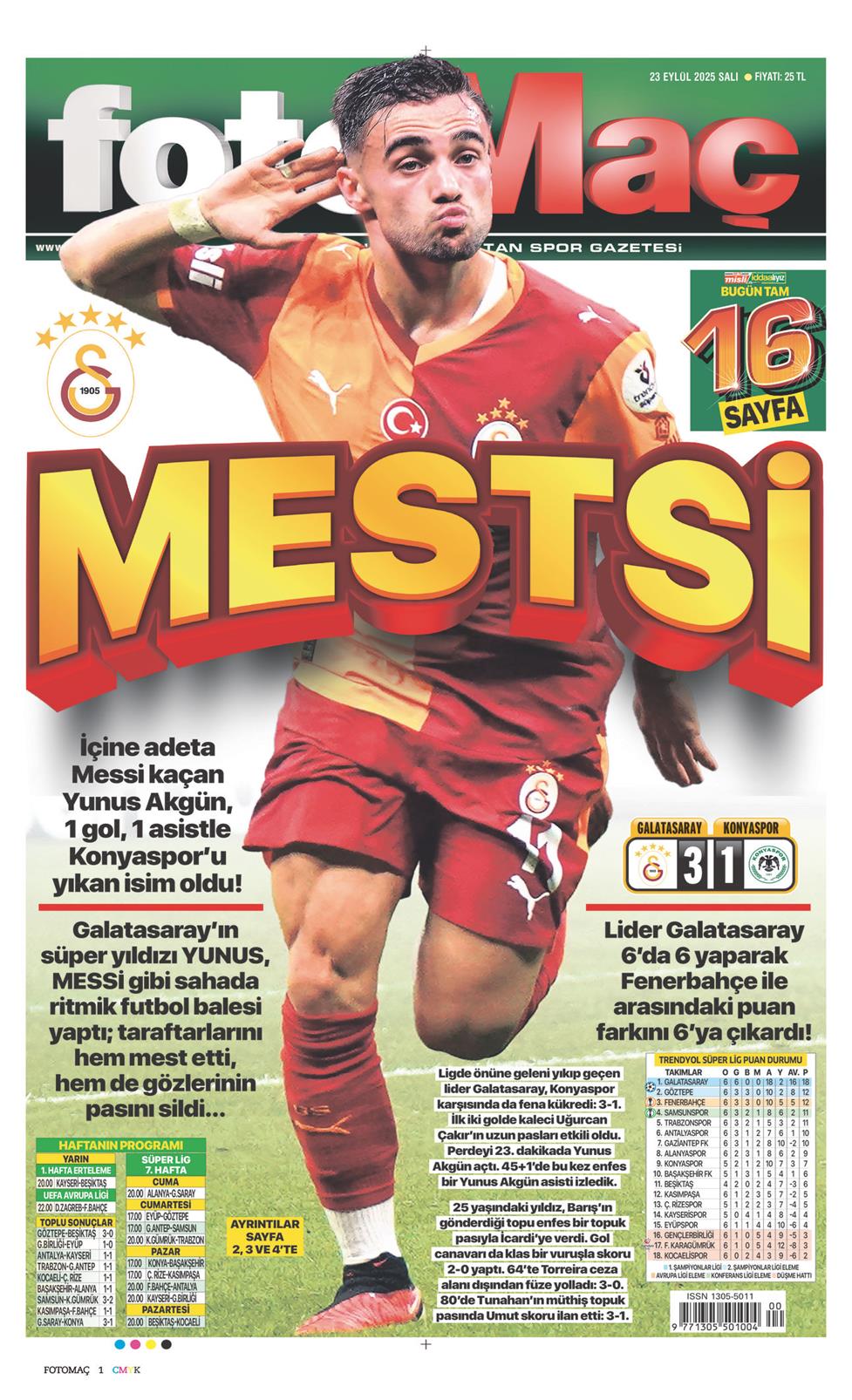 23 Eylül 2025 Salı - Fotomaç gazetesi manşet