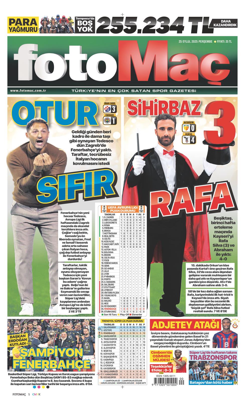 25 Eylül 2025 Perşembe - Fotomaç gazetesi manşet
