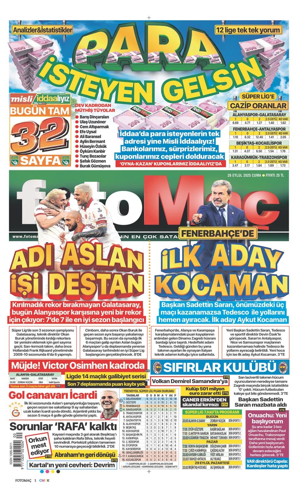 26 Eylül 2025 Cuma - Fotomaç gazetesi manşet