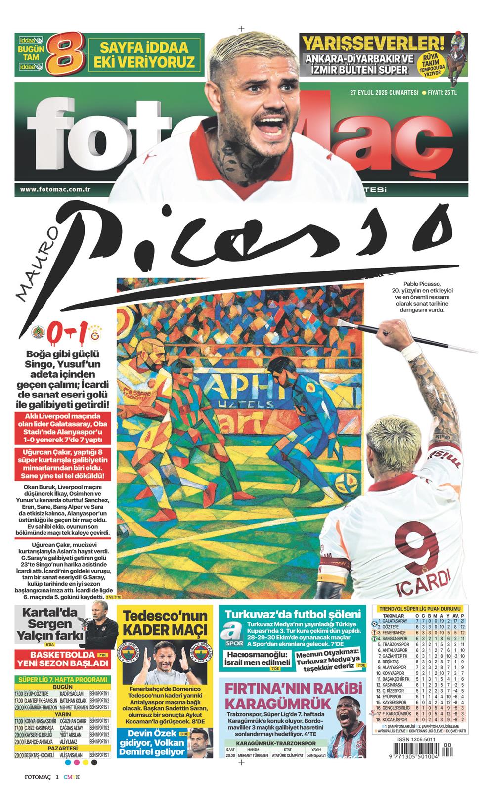 27 Eylül 2025 Cumartesi - Fotomaç gazetesi manşet