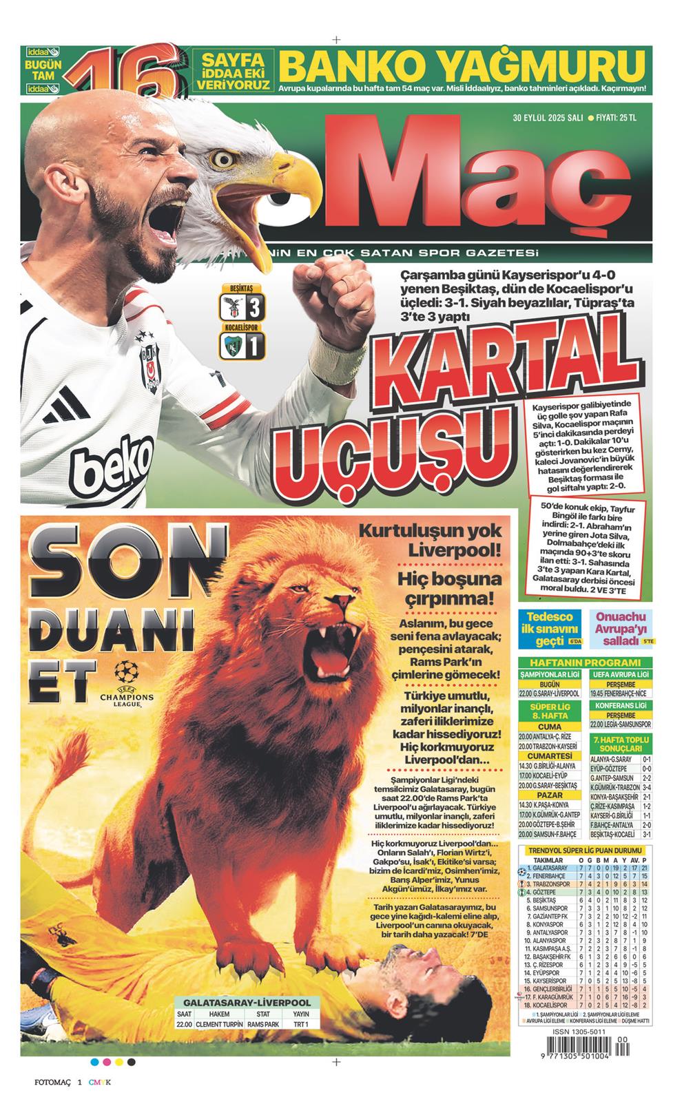 Fotomaç Gazetesi 30 Eylül 2025, Salı Günü Manşeti