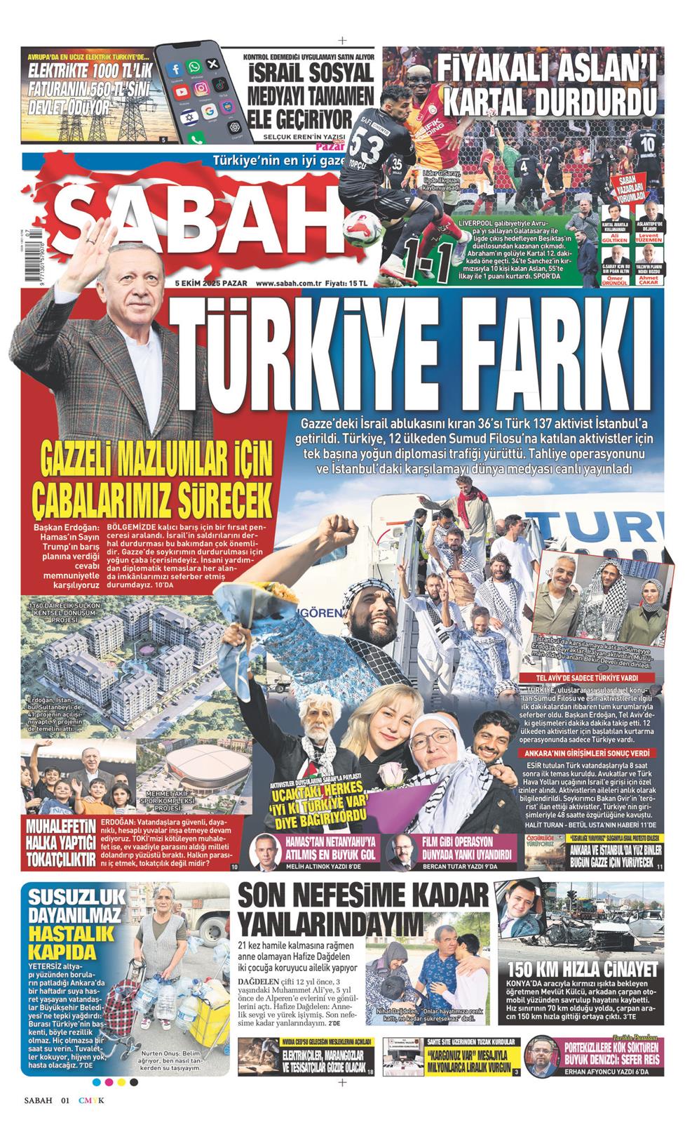 Sabah Gazetesi 5 Ekim 2025, Pazar Günü Manşeti