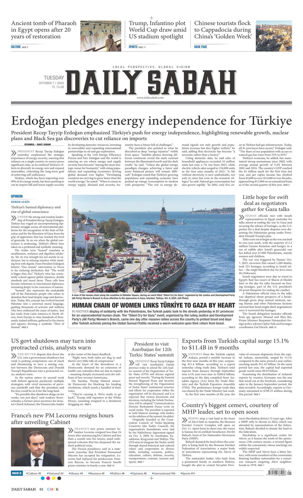 07 Ekim 2025 Salı - Daily Sabah gazetesi manşet