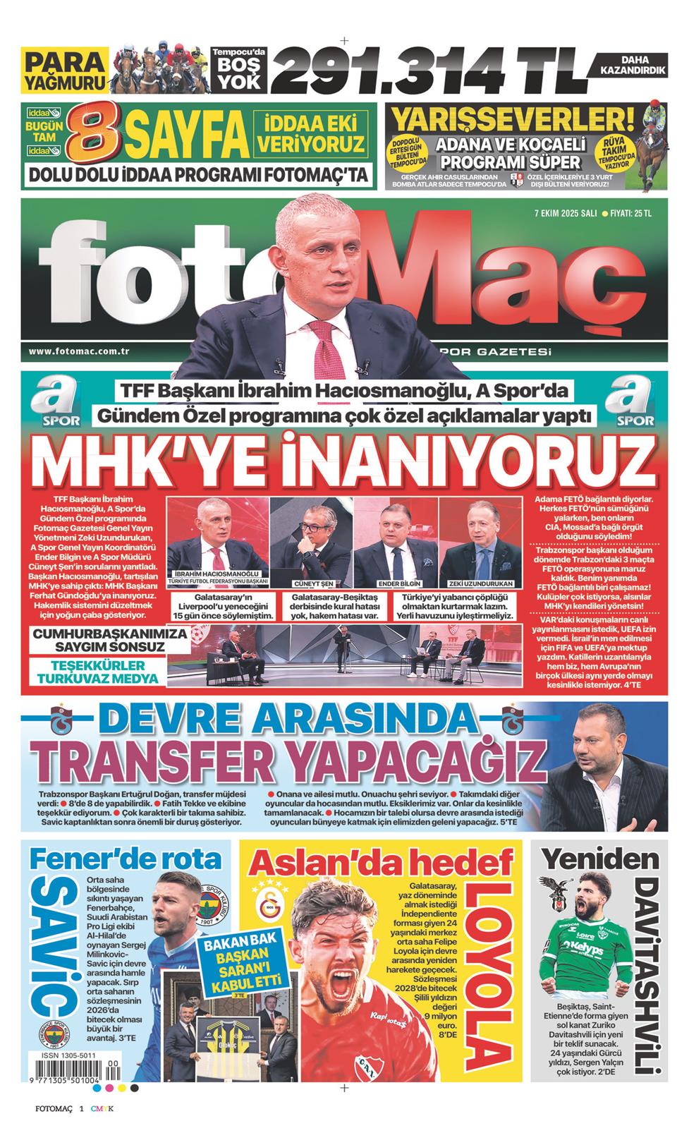 07 Ekim 2025 Salı - Fotomaç gazetesi manşet
