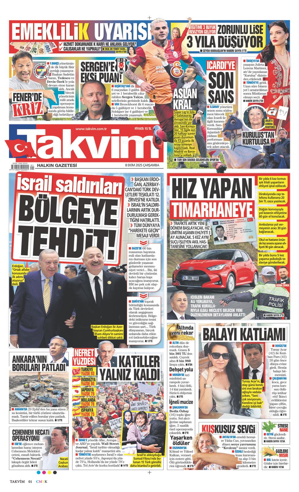 08 Ekim 2025 Çarşamba - Takvim gazetesi manşet
