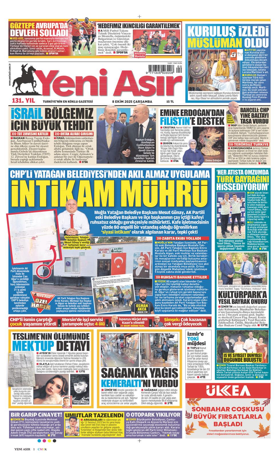 08 Ekim 2025 Çarşamba - Yeni Asır gazetesi manşet