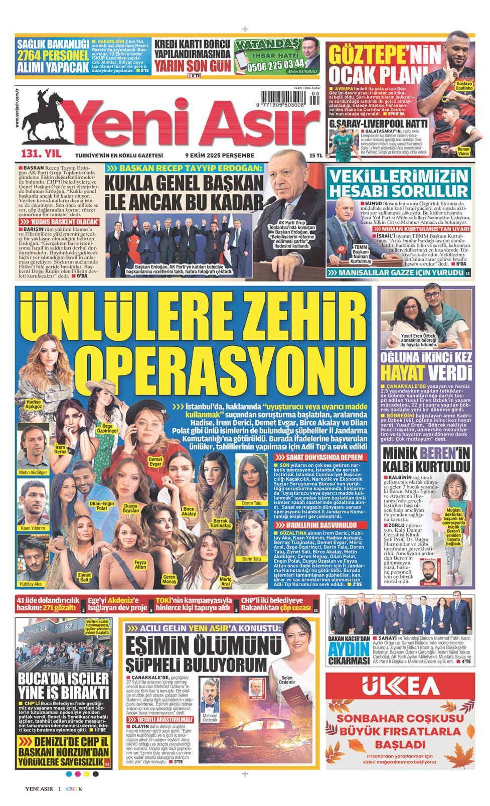 09 Ekim 2025 Perşembe - Yeni Asır gazetesi manşet
