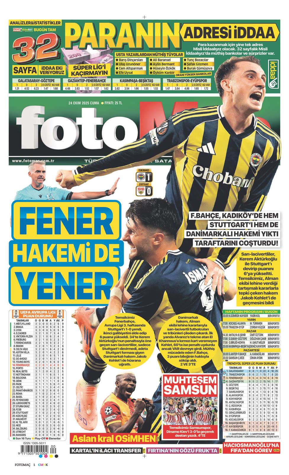 24 Ekim 2025 Cuma - Fotomaç gazetesi manşet
